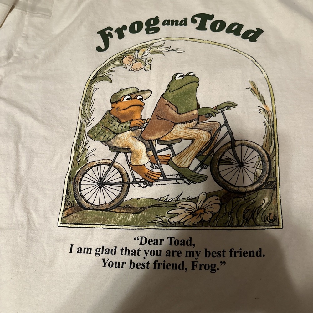 Frog and Toad Tandem Bicycle Graphic T-Shirt Mens 2XL Beige Cream Cotton Retro - Picture 4 of 6